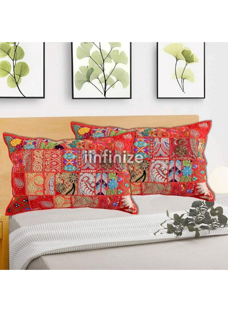 iinfinize Red Pillow Cover 2 Pcs Patchwork Handmade Cushion Case Decorative Bedding Pillow Cover 16x24 Inch Rectangular Khambadiya Cushion Cover Indian Vintage Cotton Pillow Case
