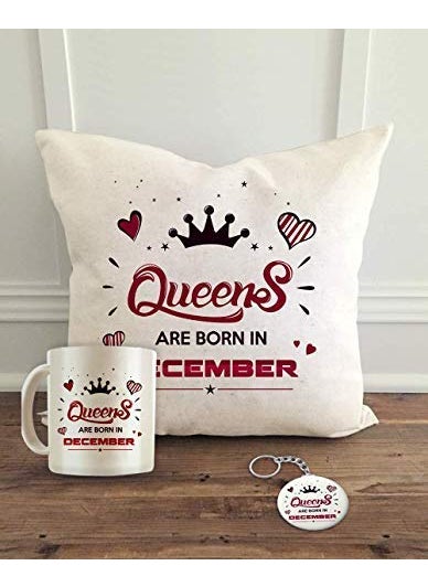 ALDIVO Queens are Born in December Printed Satin Cushion Cover with Filler Printed Mug and Key Ring 12x12inch White Combo Set of 3