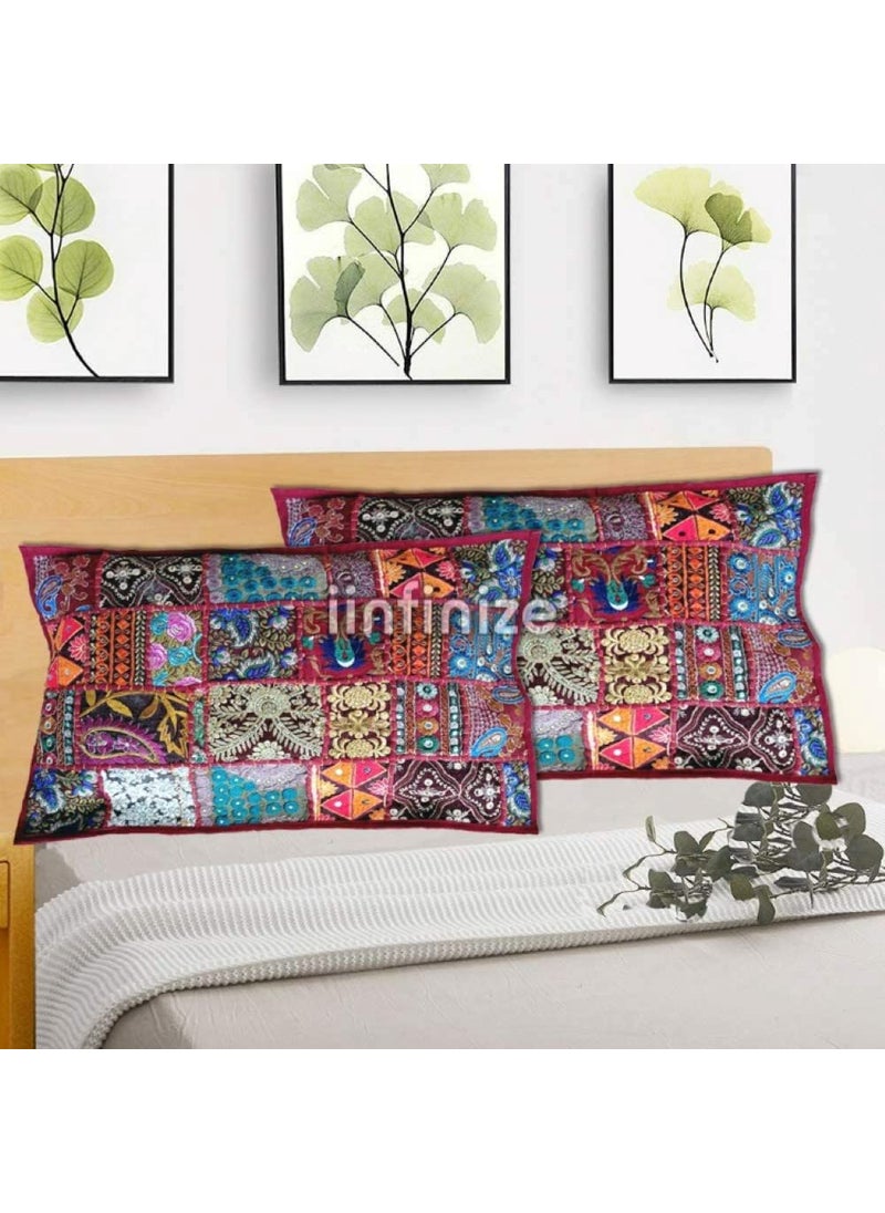 iinfinize Cotton Patchwork Pillow Cover Indian Khambadiya Cushion Case 16x24 Inch Rectangular Maroon Pillowcase Set of 2 Bohemian Boho Sofa Sham Cushion Cover Bedding Pillow