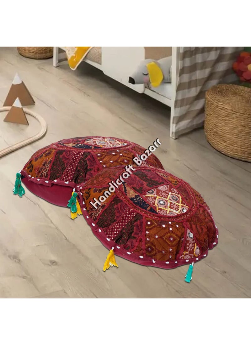 Handicraft Bazarr Tassels Patchwork Pillow Cover 18 Inch Round Cushion Cover Handmade Vintage Pillow Case Traditional Embroidery Cushion Case Living Bed Room Cushion Set of 2