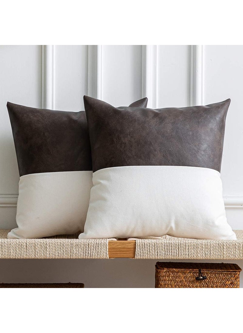 Atariya Decor Faux Leather with 100 Cotton Decorative Throw Pillow Covers for Couch Bed Sofa Home Decor Accent Square Bedroom Living Room Cushion Cases 24 x 24 Set of 5 Brown Slub