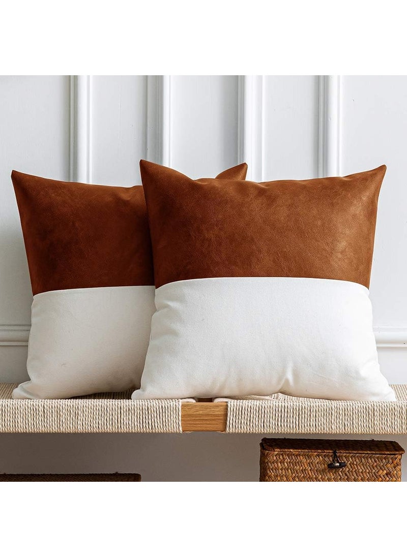 Atariya Decor Faux Leather with 100 Cotton Decorative Throw Pillow Covers for Couch Bed Sofa Home Decor Accent Square Bedroom Living Room Cushion Cases 24 x 24 Set of 5 Tan Slub