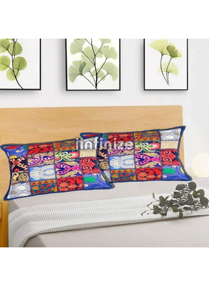 iinfinize Set of 2 Handmade Patchwork Pillow Case 1624 Inch Ethnic Cushion Cover Tassel Decor Pillow Cover Hand Embroidery Sofa Sham Rajasthani Khambadiya Cushion Case