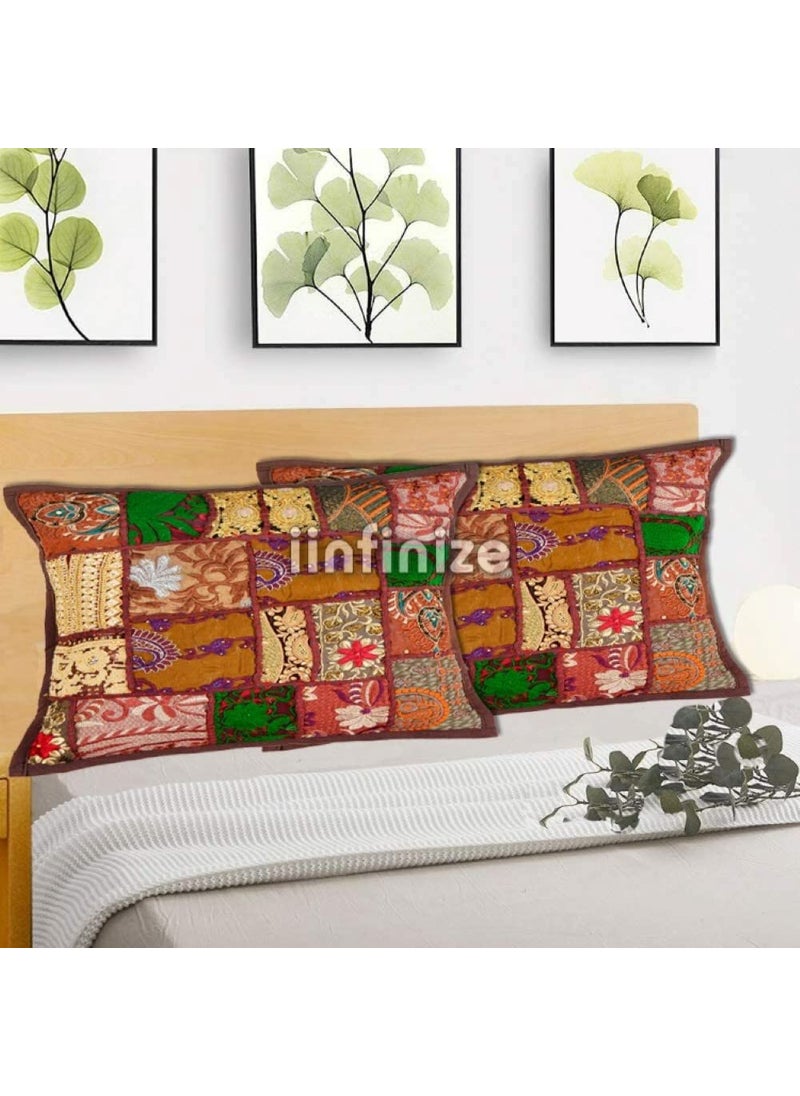iinfinize Brown Patchwork Cushion Pillow Case Cotton Hand Embroidery Cushion Tradtional Home Decor Pillow Cover 16x24 Inch Handmade Floor Cushion Case Set of 2 Rectangular Bedding Pillow Cover