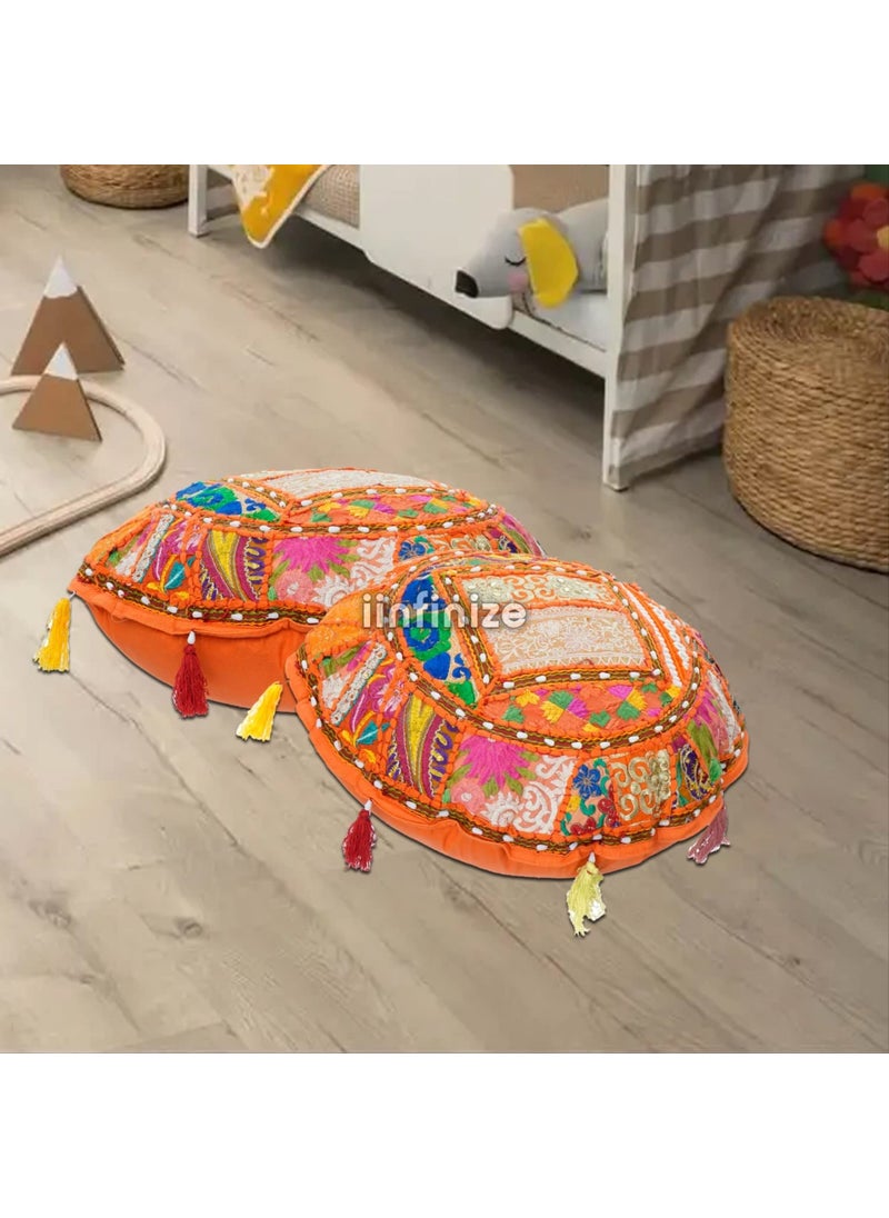 iinfinize Throw Pillow Cover Cotton Round Cushion Cover Patchwork Sofa Pillowcase Embroidered Floor Couch Set Cushions Case Orange 16 Inch