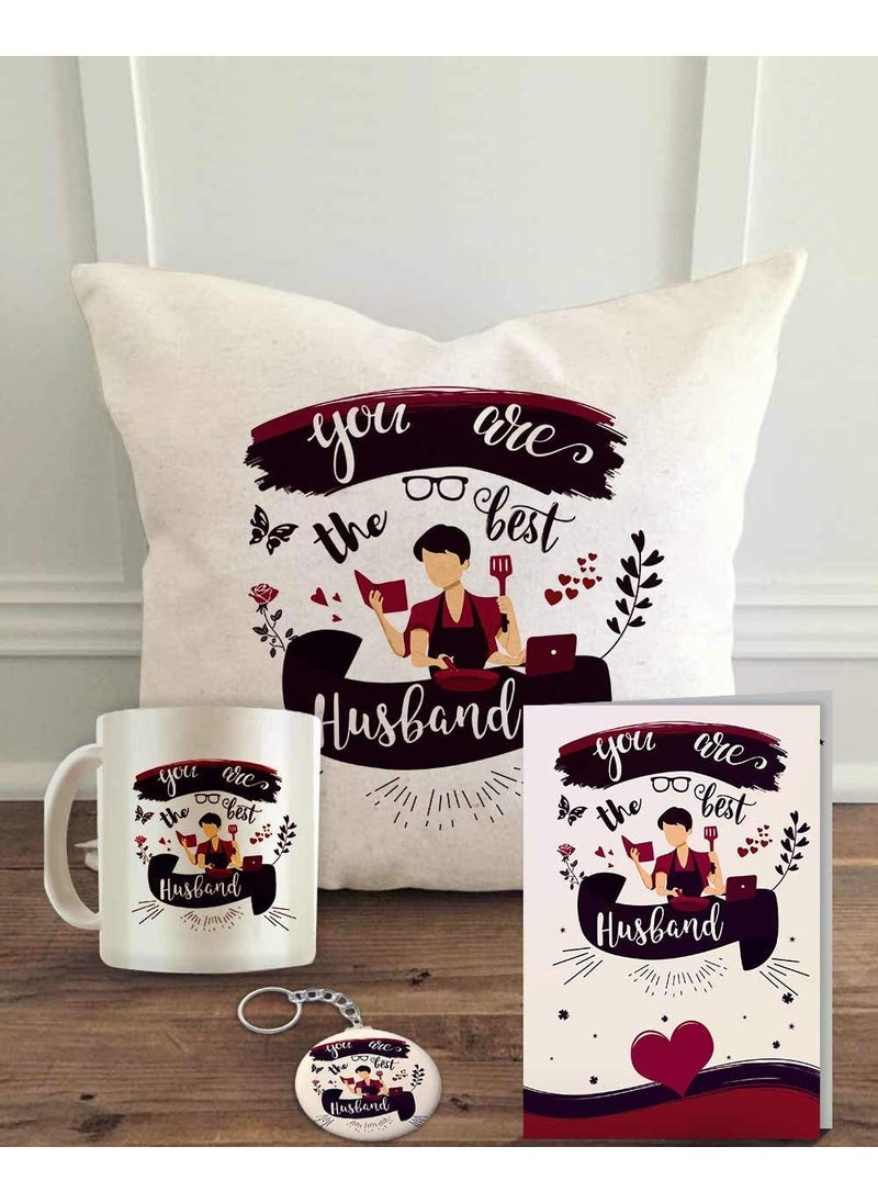 ALDIVO Combo Pack 12 x 12 Satin Cushion Cover with Filler You are The Best Husband Ceramic Printed Mug Greeting Card Printed Key Ring White