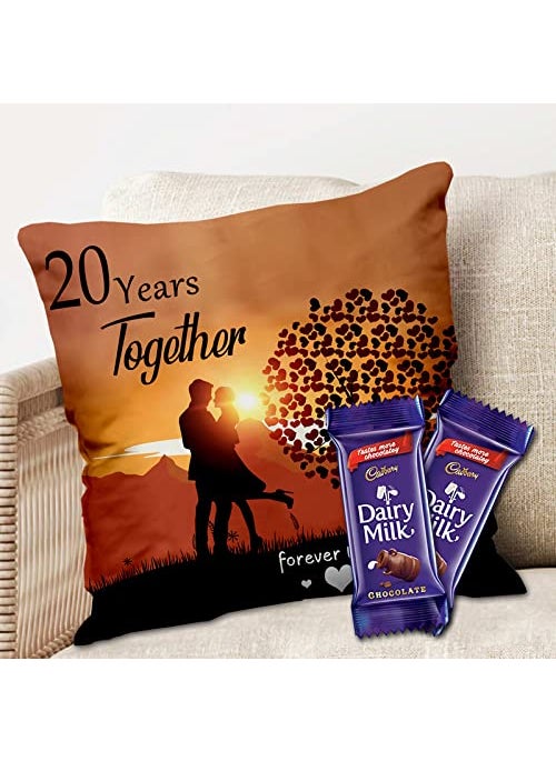 Midiron Chocolate Gift Anniversary Chocolate Gift 20 Year Together Forever Printed Cushion with Dairy Milk Chocolate Gift for Wife Husband Chocolate with Pillow