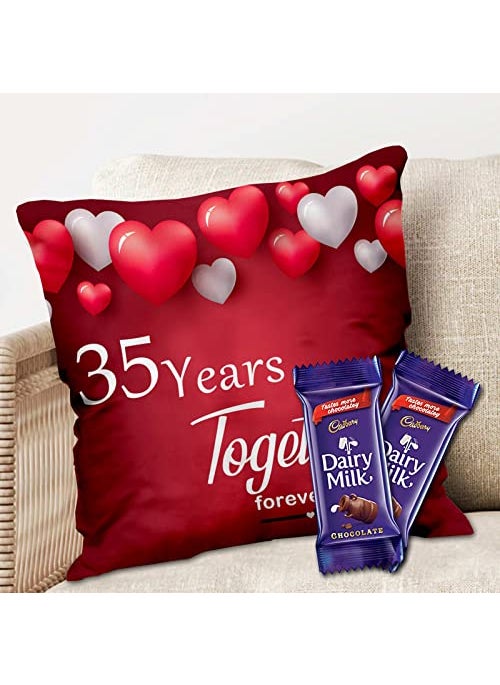 Midiron Chocolate Gift Anniversary Chocolate Gift 35 Year Together Forever Printed Cushion with Dairy Milk Chocolate Gift for Wife Husband Chocolate with Pillow