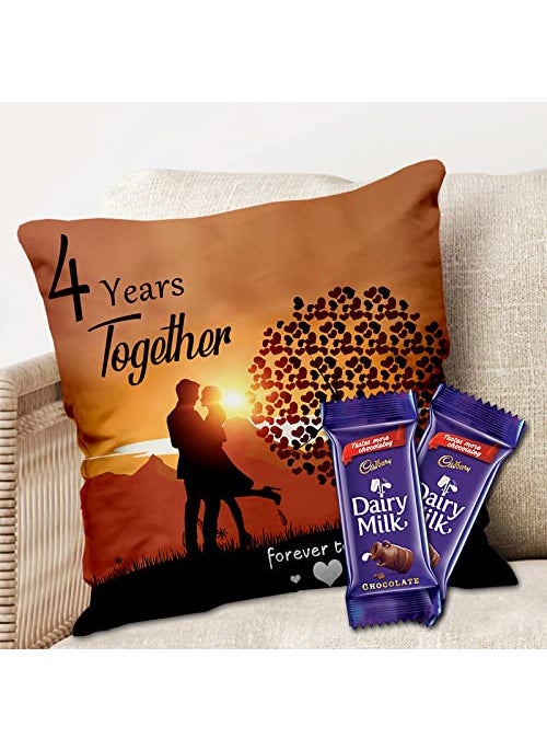 Midiron Chocolate Gift Anniversary Chocolate Gift 4 Year Together Forever Printed Cushion with Dairy Milk Chocolate Gift for Wife Husband Chocolate with Pillow