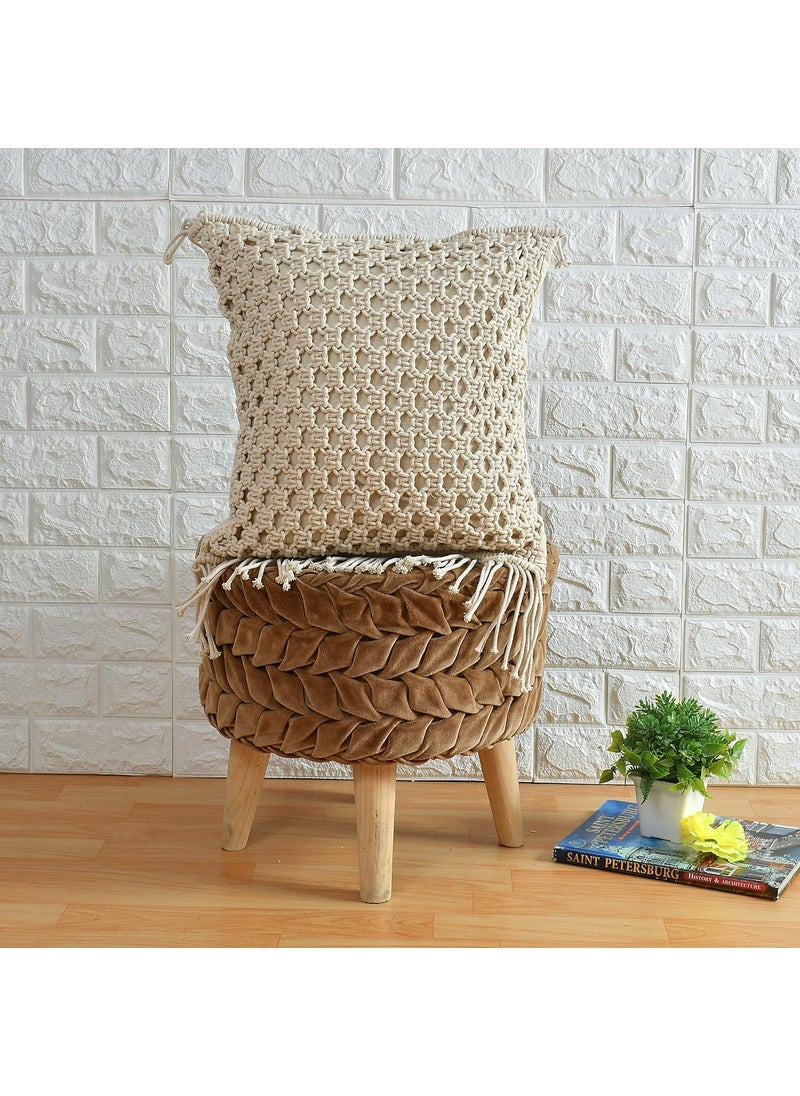 AASHIYANA SAJONA Cotton Macrame Handmade Knit Floor Cushion Throw Pillow Cover Large 16x16 inch Beige