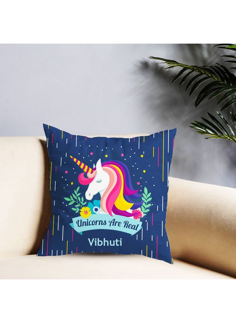 ARTBUG Vibhuti Name Unicorn Printed CushionPillow with Fiber Filler Happy Birthday Return Gifts for Girls Kids Daughter Friends Color Blue Size 12 x 12 inches Polysilk