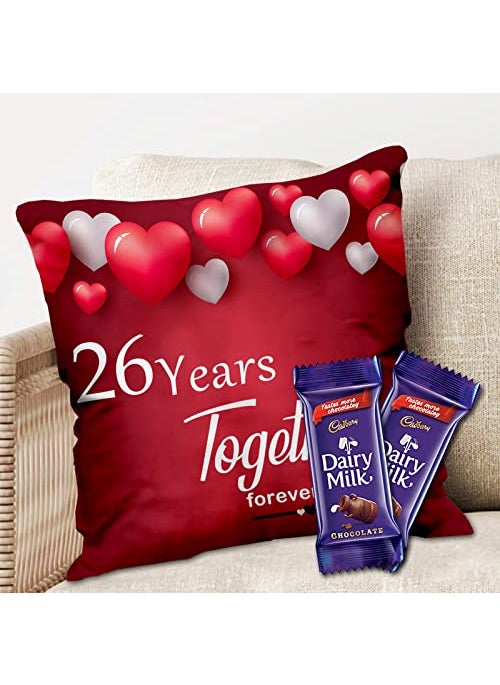 Midiron Chocolate Gift Anniversary Chocolate Gift 26 Year Together Forever Printed Cushion with Dairy Milk Chocolate Gift for Wife Husband Chocolate with Pillow