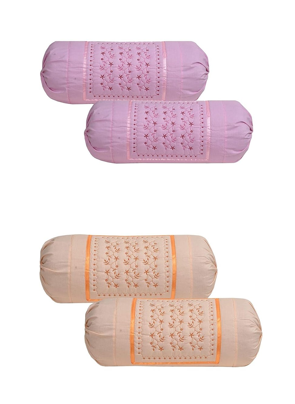 HSR Collection Embroidered Cotton Bolster Round Pillow Covers Pack of 4 Pink Orange