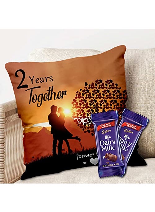 Midiron Chocolate Gift Anniversary Chocolate Gift 2 Year Together Forever Printed Cushion with Dairy Milk Chocolate Gift for Wife Husband Chocolate with Pillow