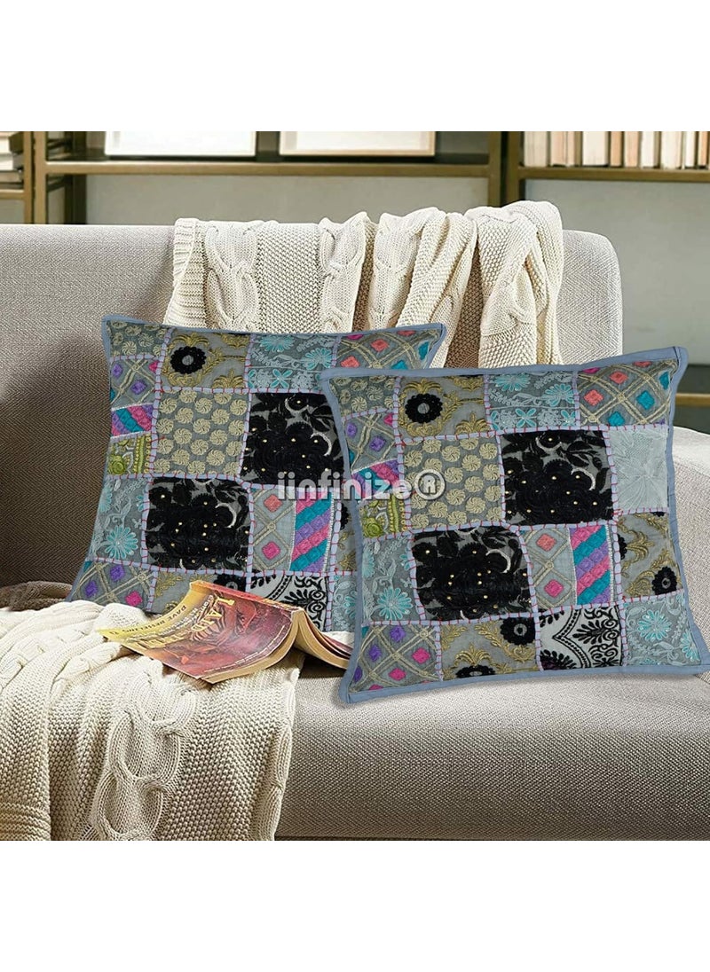 iinfinize Cotton Embroidery 2 Pcs Set Banjara Cushion Cover Patahwork Khambadiya Rajasthani Pillow Cases for Home Decor for Sofa ChairBenchCouchSwingCar Back Rest 18 in Square Grey