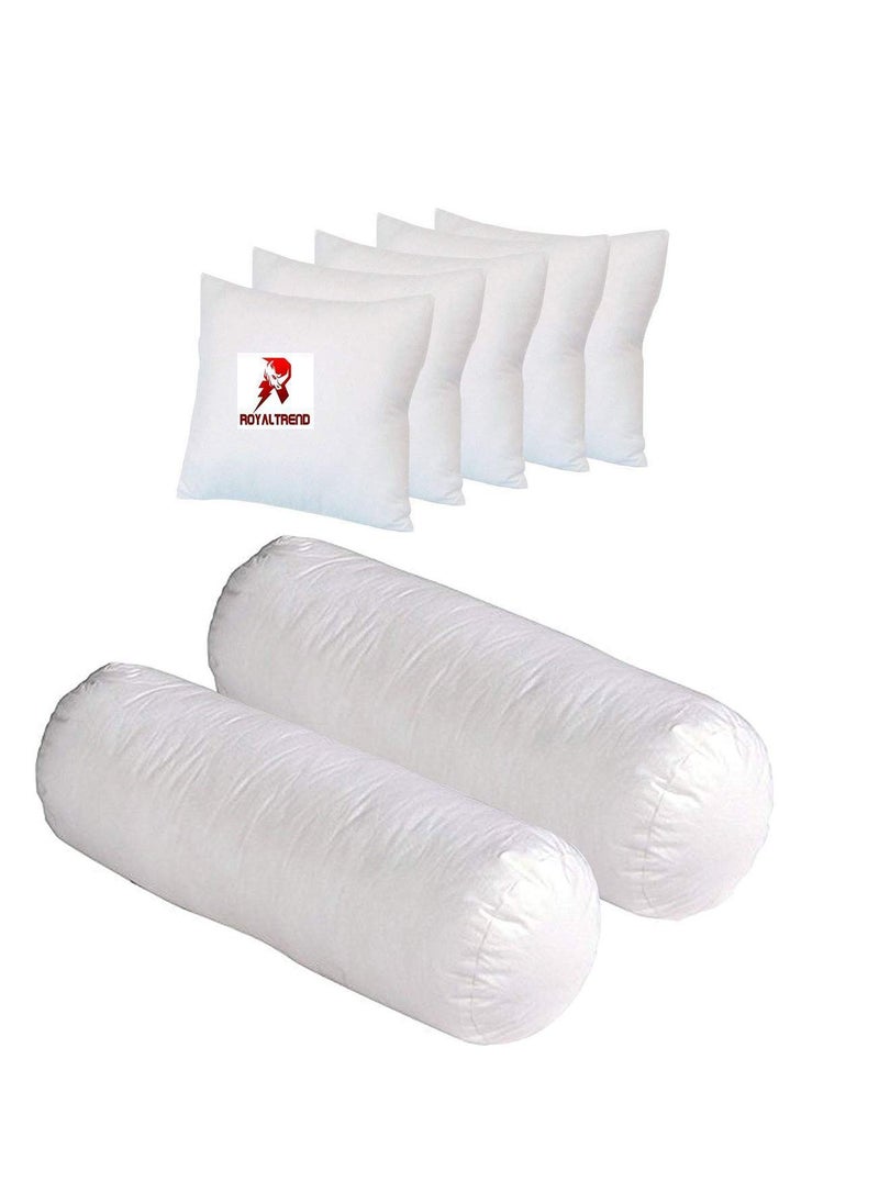 ROYAL TREND New Microfibre Shell Diwan Set of 5 Cushion 16x16inch and 2 Bolsters 9x24inch Set for BeddingSofa White
