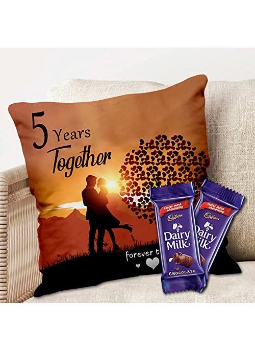 Midiron Chocolate Gift Anniversary Chocolate Gift 5 Year Together Forever Printed Cushion with Dairy Milk Chocolate Gift for Wife Husband Chocolate with Pillow