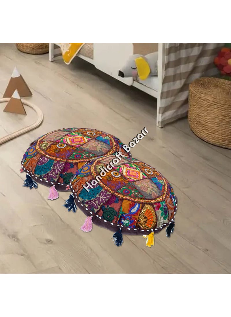 Handicraft Bazarr Embroidery Cushion Cover Vintage Patchwork Round Pillow Cover Ethnic Home Decor 22x22 Inch Cushion Case Handmade Pillow Case Set of 2