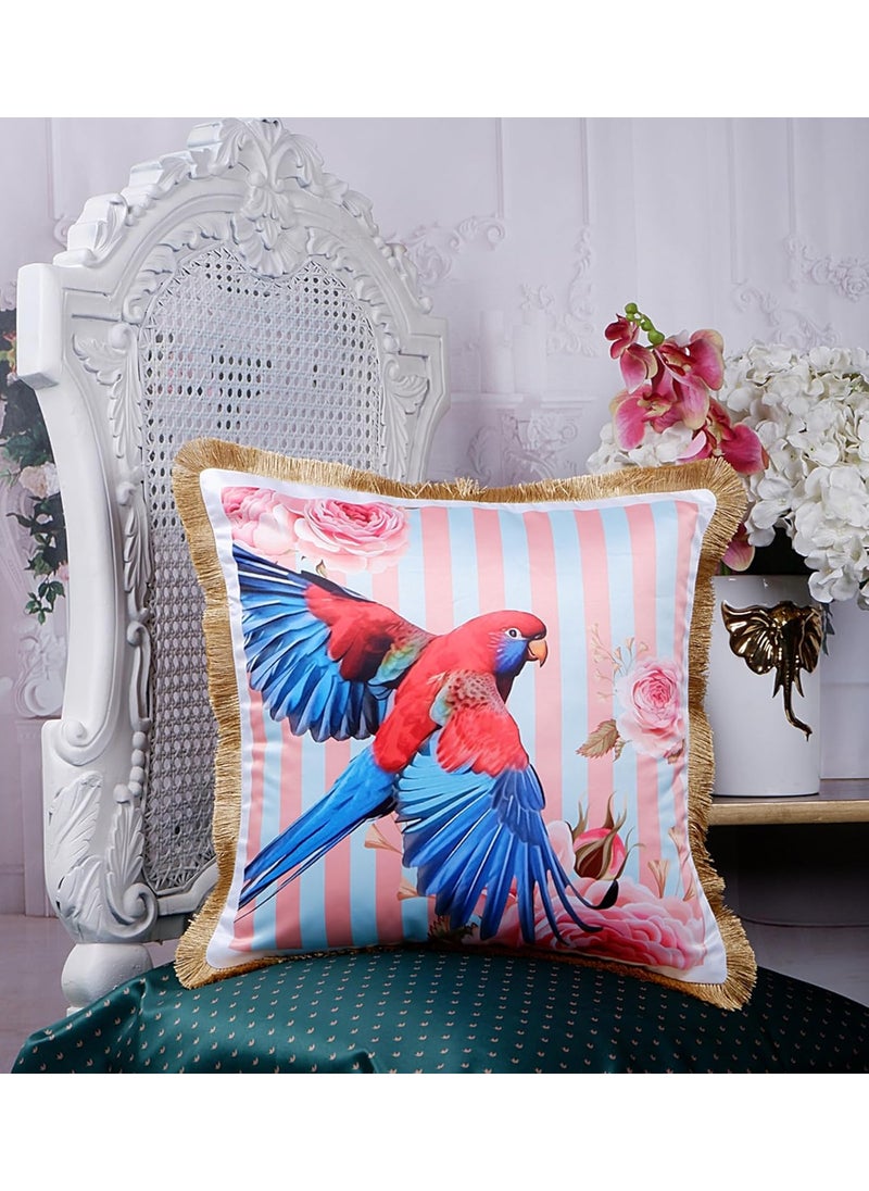 THE WHITE INK DECOR Premium Satin Tropical Print with Stripes Cushion Cover with Fringe Edging and Concealed Zipper 16x16 inches Decorative Throw Pillow Covers for Sofa Red and Blue