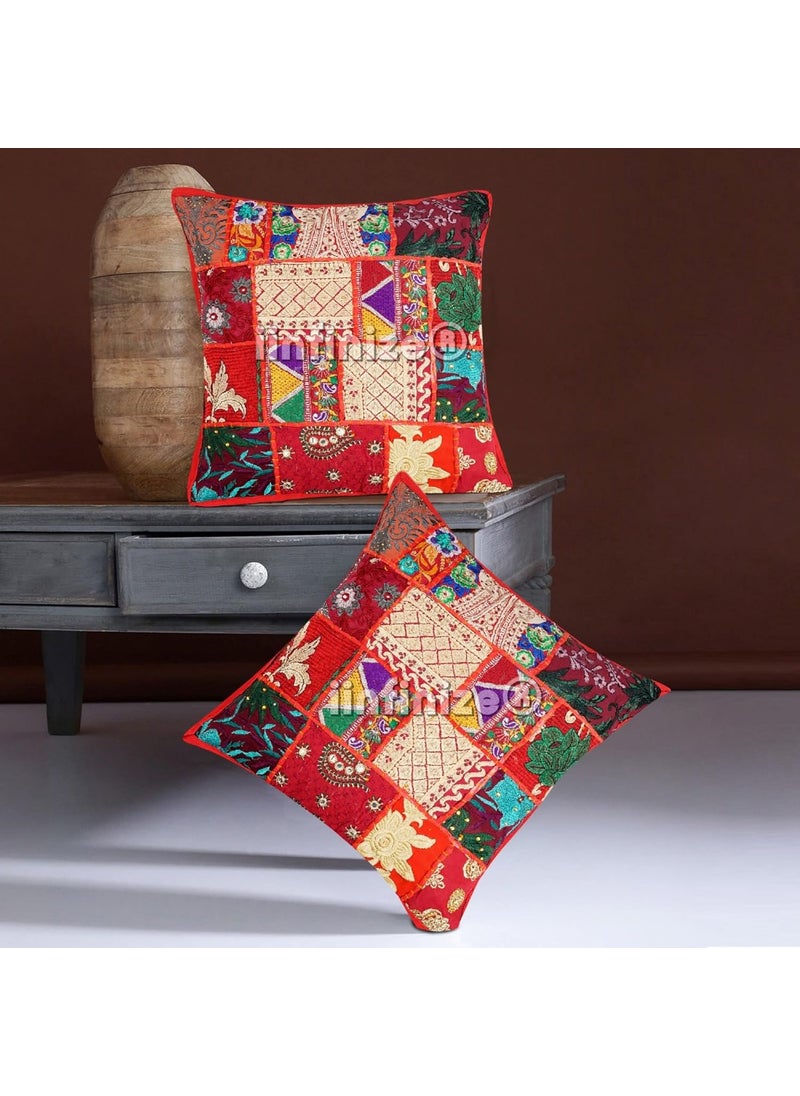 iinfinize Rajasthni Art Patchwork Cushion Cover 20X20 Inch Red Square Vintage Ethnic Bohemian Pillow Case 2 Pcs Living Bed Room Decorative Pillow Cover Handmade Embroidery Sofa Sham