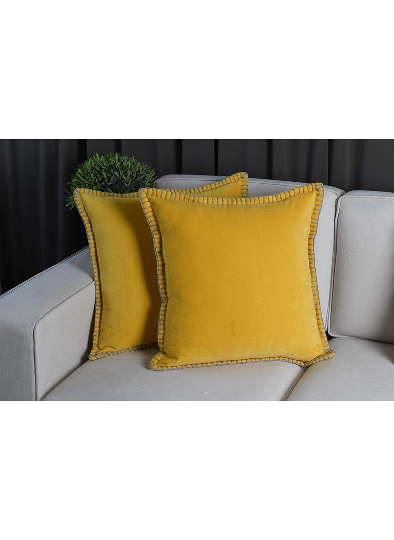 IMPEXART PVT LTD 100 Export Quality Velvet Super Soft Decorative Blanket Stitch Corner TwinSides Design Soft Throw Pillow Cases for Couch Cushion Covers for Sofa 16 x 16 Yellow Pack of 2