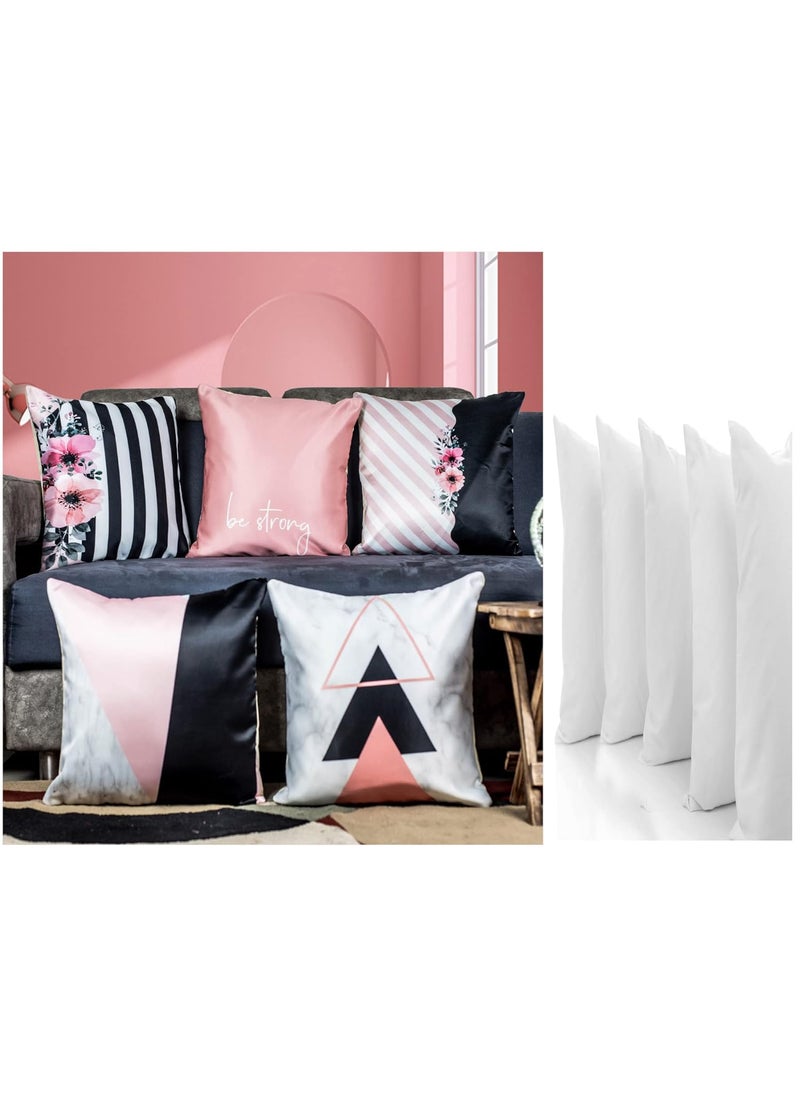 Vendola Multicolor Microfiber Satin 250TC Cushion Pillow Covers Multicolor Set of 5 16X16 Inches with Fillers Salmon Pink