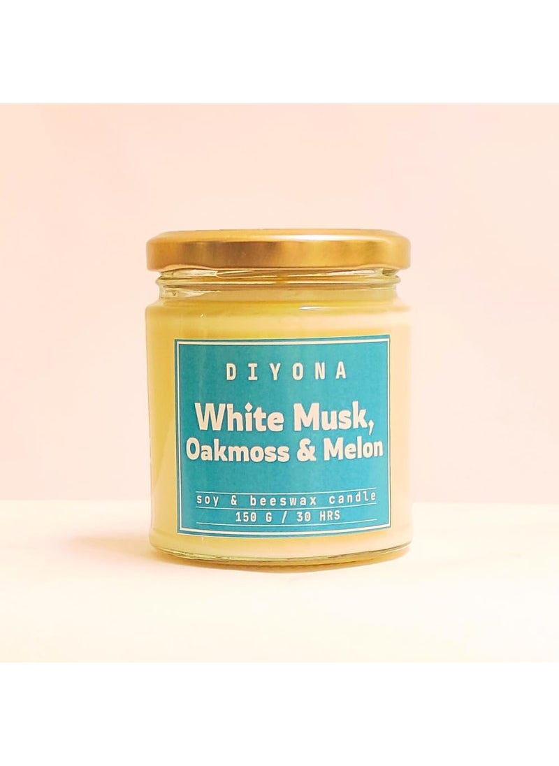DIYONA White Musk Oakmoss Melon Scented Candle Made with Beeswax Soywax and Quality Fragrance Oils for Aromatic ambeince 150gm Content Endures for 30hours