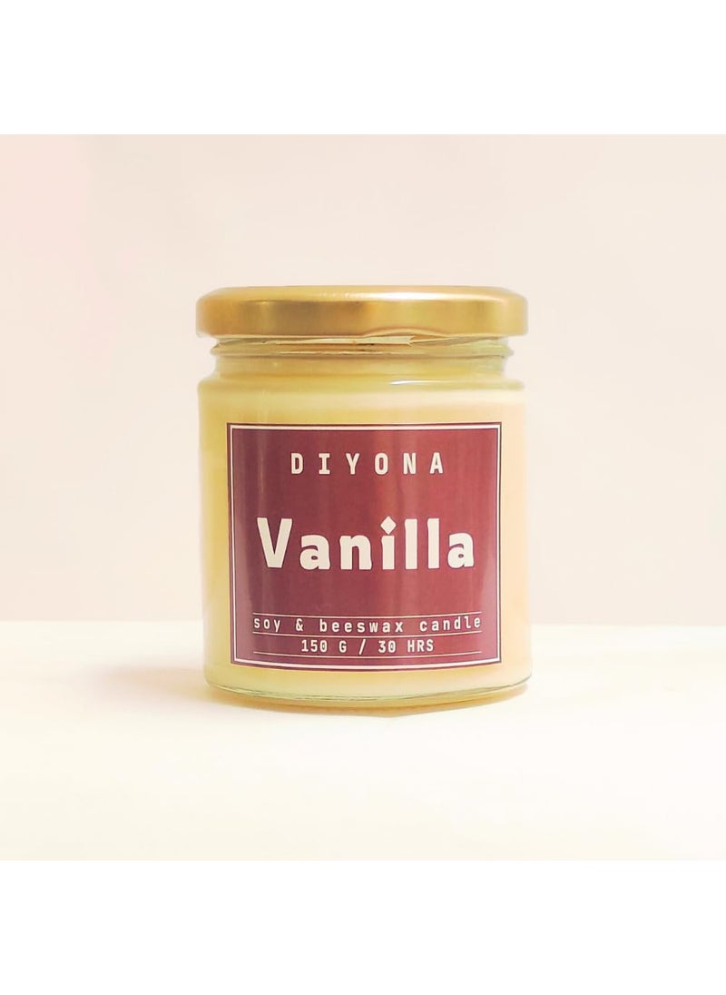 DIYONA Vanilla Scented Candle Made with Beeswax Soywax and Quality Fragrance Oils for Aromatic ambeince 150gm Content Endures for 30hours