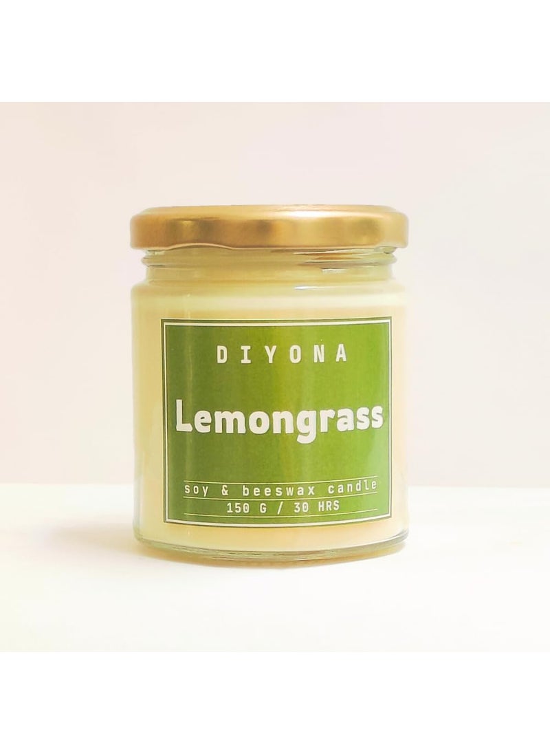 DIYONA Lemongrass Scented Candle Made with Beeswax Soywax and Quality Fragrance Oils for Aromatic ambeince 150gm Content Endures for 30hours