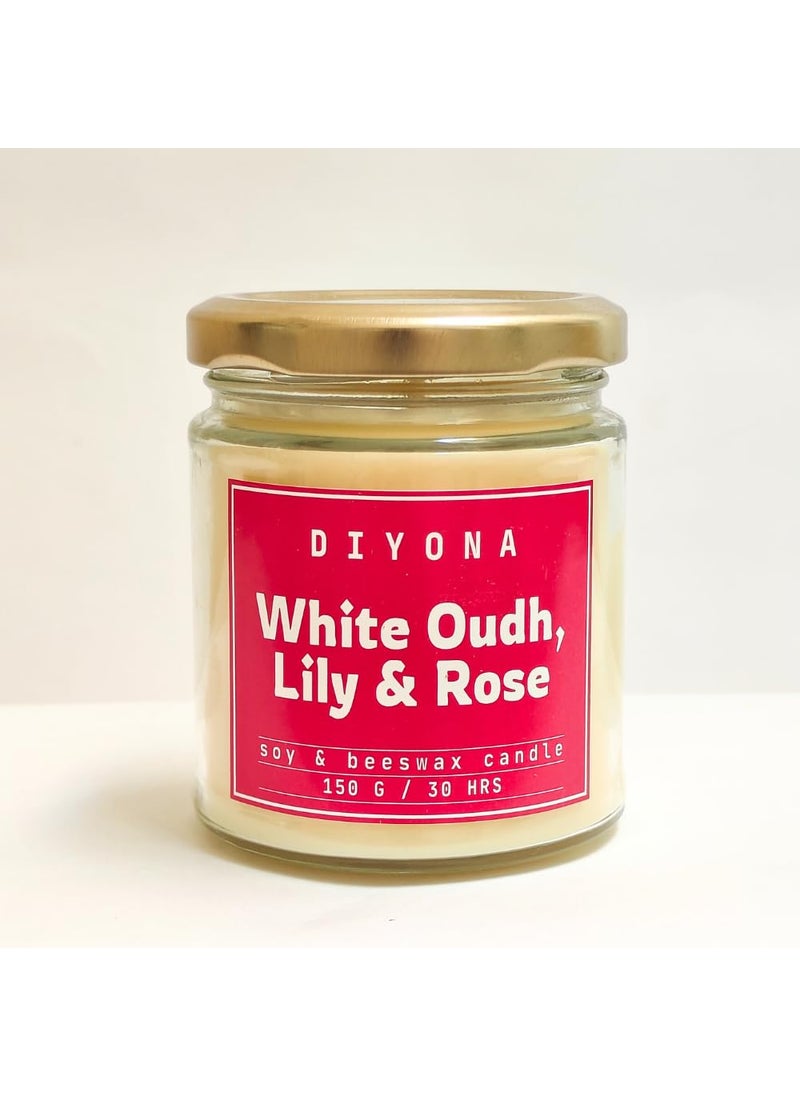 DIYONA White Oudh Lily Rose Scented Candle Made with Beeswax Soywax and Quality Fragrance Oils for Aromatic ambeince 150gm Content Endures for 30hours
