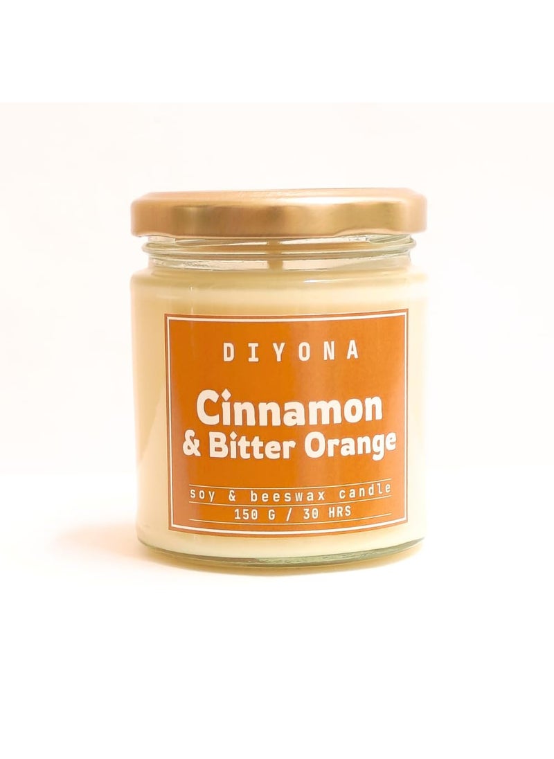 DIYONA Cinnamon Bitter Orange Scented Candle Made with Beeswax Soywax and Quality Fragrance Oils for Aromatic ambeince 150gm Content Endures for 30hours