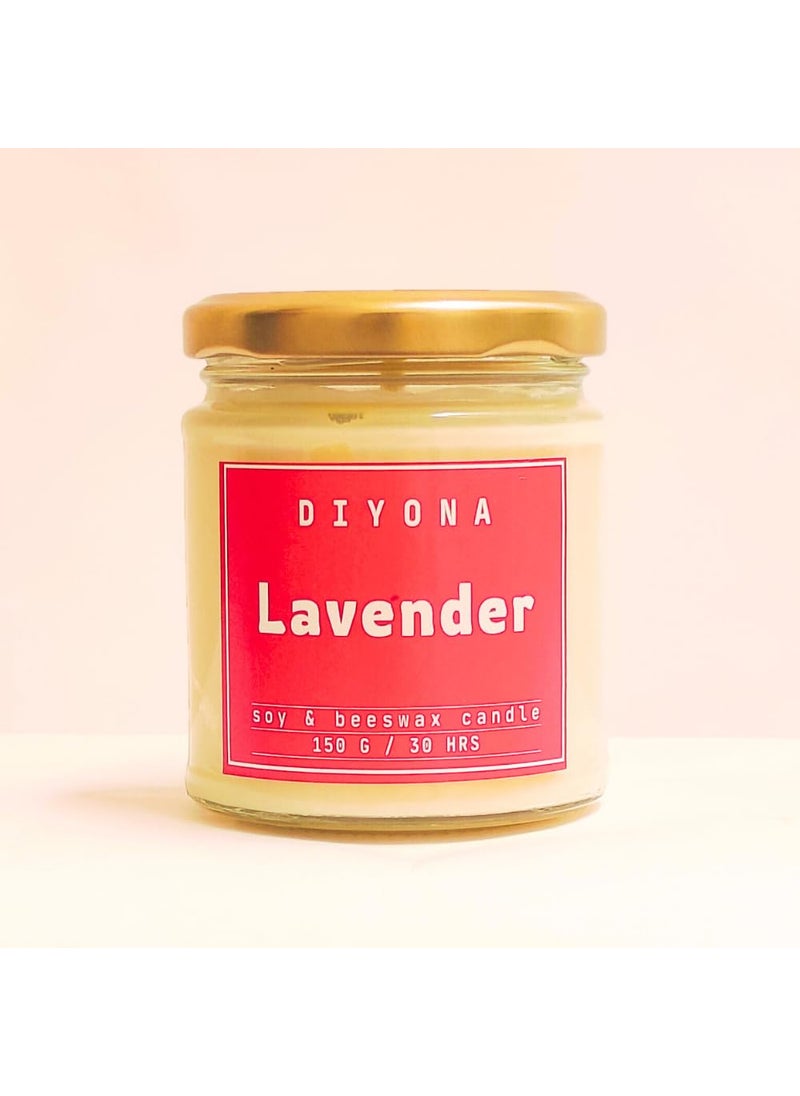 DIYONA Lavender Scented Candle Made with Beeswax Soywax and Quality Fragrance Oils for Aromatic ambeince 150gm Content Endures for 30hours