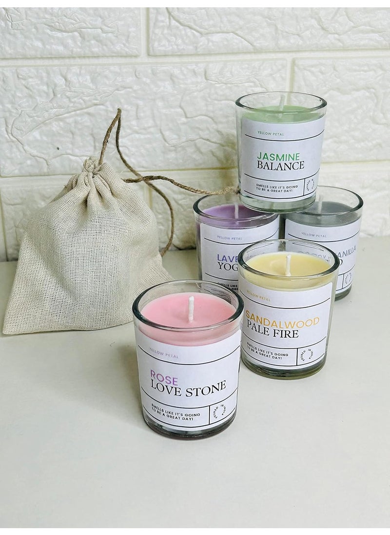 Yellow PetalShot Glass Fragrance Candle Pack of 6 Soy Candle Sandalwood Lavender Rose Lemongrass Freshwater CovoVanilla