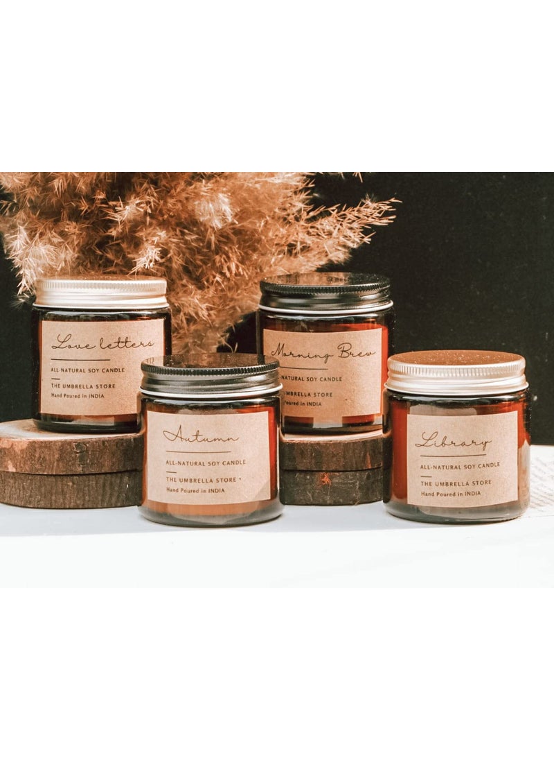 THE UMBRELLA STORE Love Letters Moring Brew Library and Autumn Scented Candle Floral Notes Scented Candle Autumn Fragrance Pack of 4 Candle
