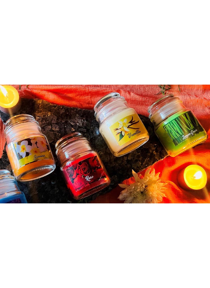 Mkd2 Rise Glass Jar Scented Candles Pack of 4 Fragrance Jasmine Rose Vanilla Lemongrass Smokeless 25 Hours Each