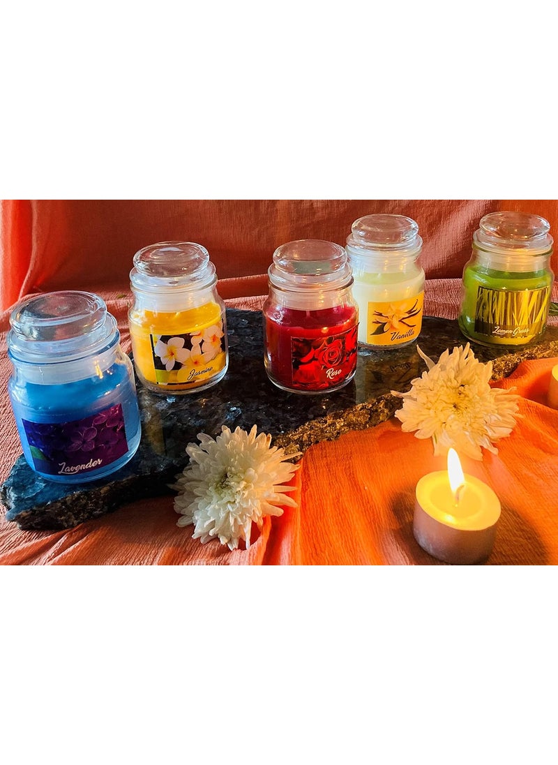 Mkd2 Rise Glass Jar Scented Candles Pack of 5 Fragrance Rose Jasmine Lemon Grass Lavender Vanilla Smokeless 25 Hours Each