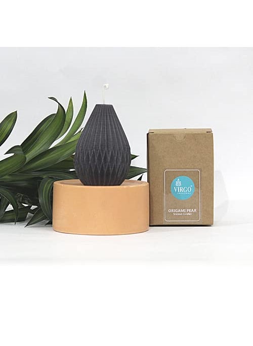 Virgo Creations Origami Pear Candle Soy Wax Blend Grey Color Dark Stormy Fragrance Modern Decorative Candle for Home Decor and Gifting Size LxBxH 717110 cm Pack of 1