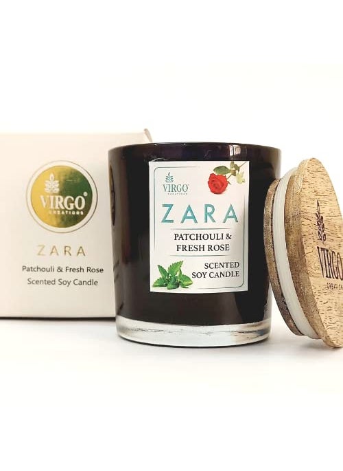 Virgo Creations Zara Glass Jar Candle Soy Wax PatchouliFresh Rose Fragrance Glossy Black Glass Jar Candle with Metal Lid Aromatherapy Dcor Gifts Jar Size 7x7x8 cm Pack of 1