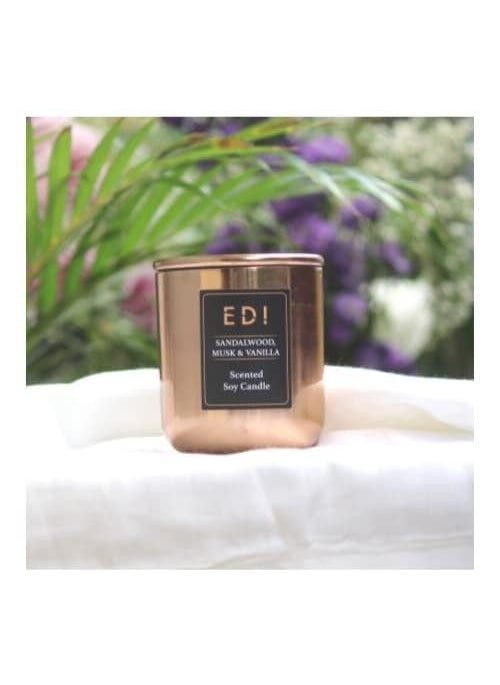 Virgo Creations EDI Metal Jar Candle Scented Soy Wax SandalwoodMuskVanilla Fragrance Rose Gold Finish Metal Candle with Lid Home Decor Size 7x7x8 cm Pack of 1