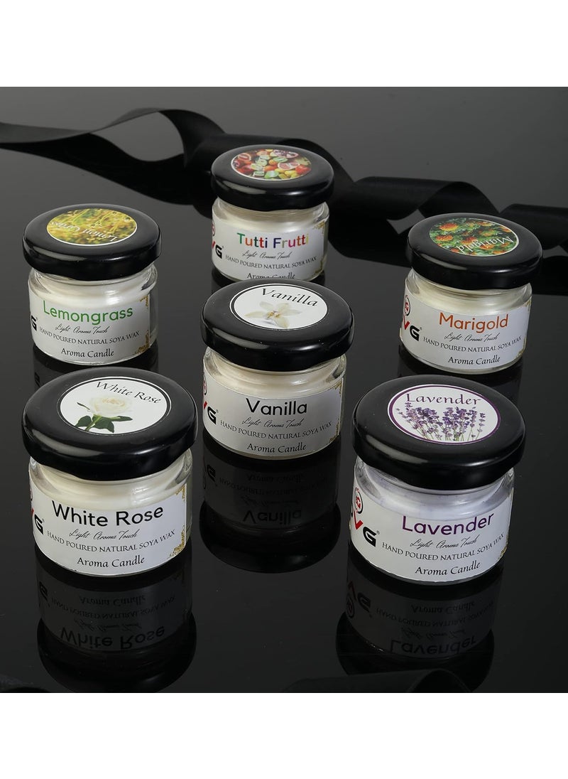 OVG Scented Candle jar White Rose Vanilla Lavender Lemon Grass Marigold Tutti Frutti Aroma Candles Multicolor Pack of 6