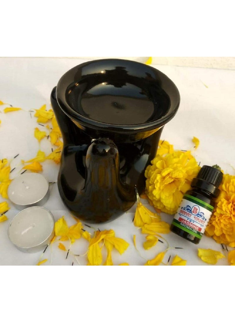BHARAT SOURCE Ceramic Aroma Burner Oil Diffuser Gift Set with 10 ml Jasmine Oil 4 Tealight Candles Black Handshape