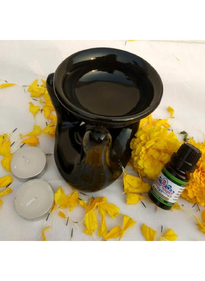 BHARAT SOURCE Ceramic Aroma Oil Burner Gift Set with 10 ml Sandal Wood Oil 4 Tealight Candles Black Handshape