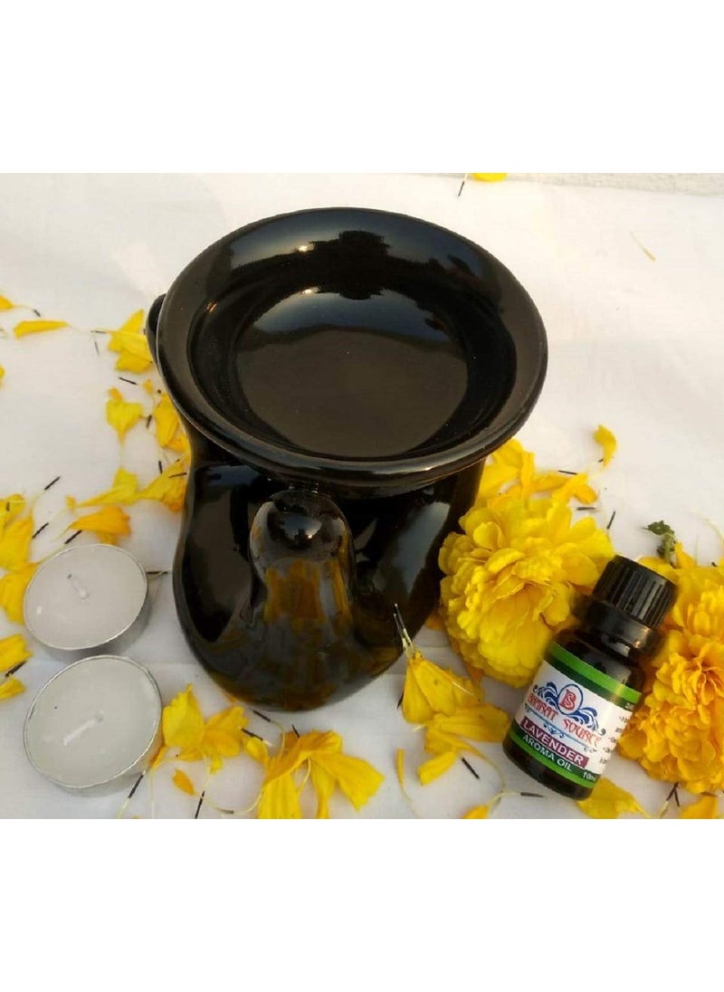 BHARAT SOURCE Ceramic Oil Burner Gift Set with 10 ml Rose Oil 4 Tealight Candles Black Handshape
