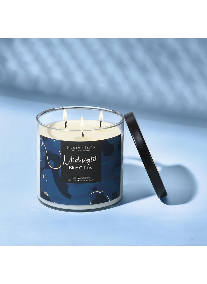PROSPERRO LUMO by Parkash Candles Premium Scented Soy Wax Candle 500 gm 3540 Hrs Luxury Aroma Therapy Triple Wick Votive Jar Candle Scented Candles for Home Decor Gift Set Midnight Blue Citrus