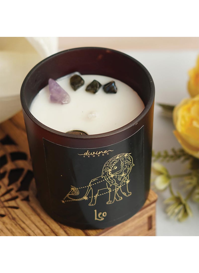 Divine senses Zodiac Sign Scented Candles Reiki Charged Quartz Crystal and Charm Aromatherapy Meditation Luxury Gift for Decorating 40 Plus Hours Burning time Fragrance Sandalwood Amber