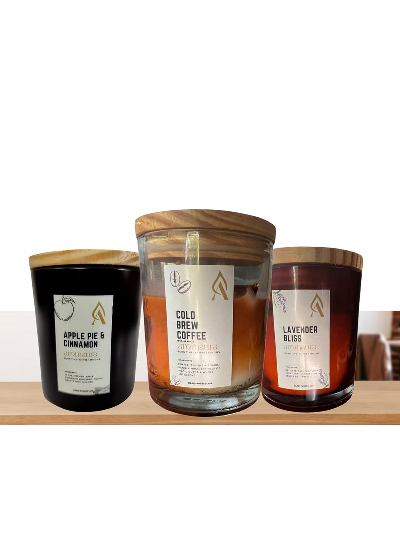 Aromaura Candle Pack of 3 Lavender BlissApple Pie CinnamonCold Brew Coffee 42 Hours Burn Time 150gm Wax Each Gift Luxury Pack with Magnetic Box Ideal for Home Dcor Gifting