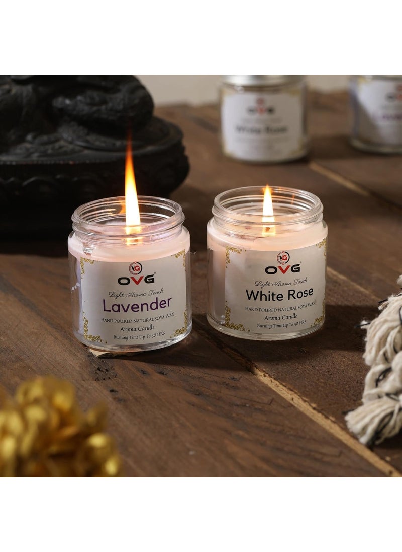OVG Scented Candle jar Combo Pack of 2 Fragrance White Rose and Lavender SOYA Wax Candle White Purple