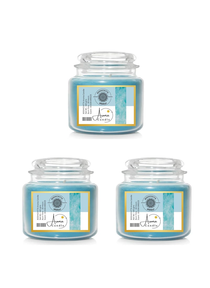 Bodhichitta Ocean Breeze Scented Glass Candle Pure Soy Wax Aroma Candle Pack of 3
