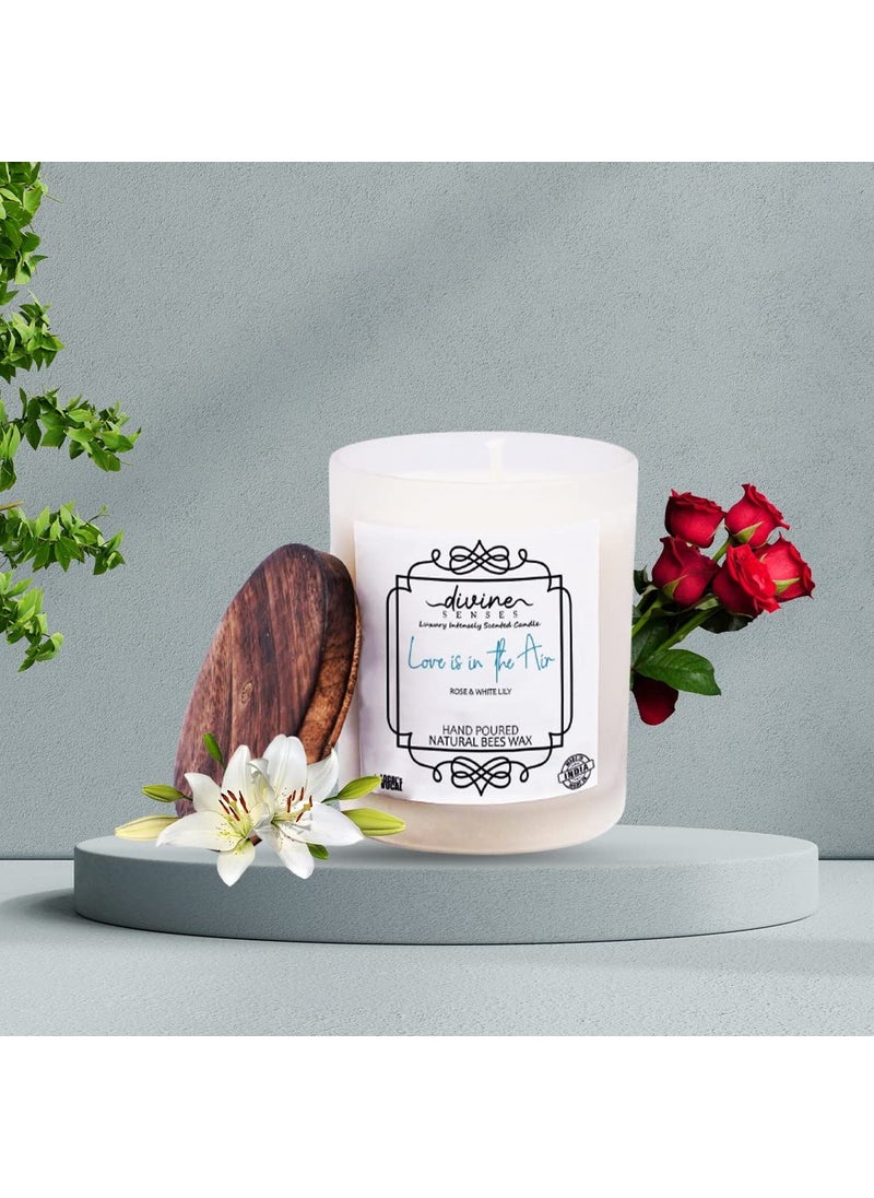 Divine Senses Roses Lilies Intensely Scented Natural Beeswax Candle for Home Decor Highly Fragranced Frosted Glass Jar with lid 40 Hours Burning Time Hand Poured Pure Wax Candles