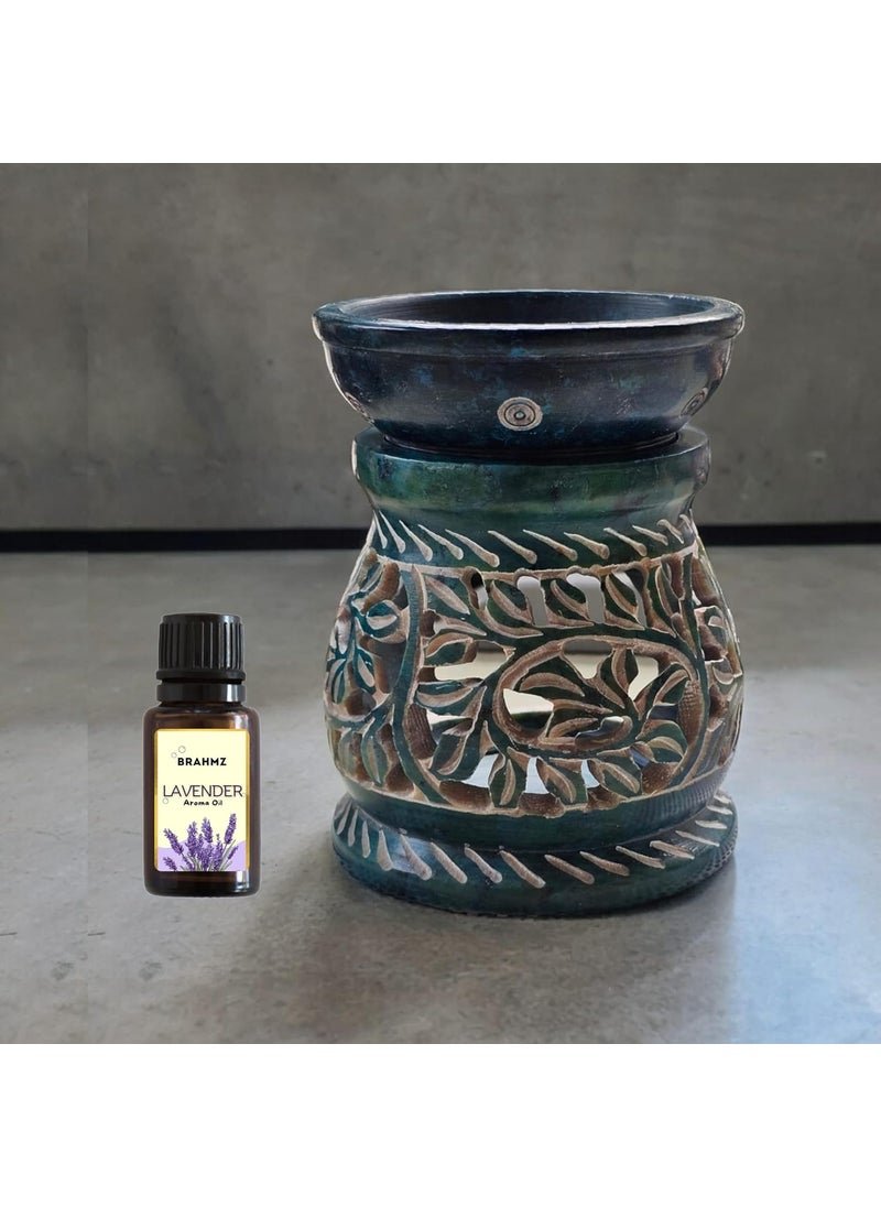 Brahmz Candle Marble Soapstone Aroma Diffuser Set Blue 3x35 cm with 2 Tealights and Rose Oil Set of 1 Lavender